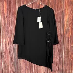 Chicos Black Label Scoop Neck Angel Hem Woven Top Black NWT Size 0 / Small